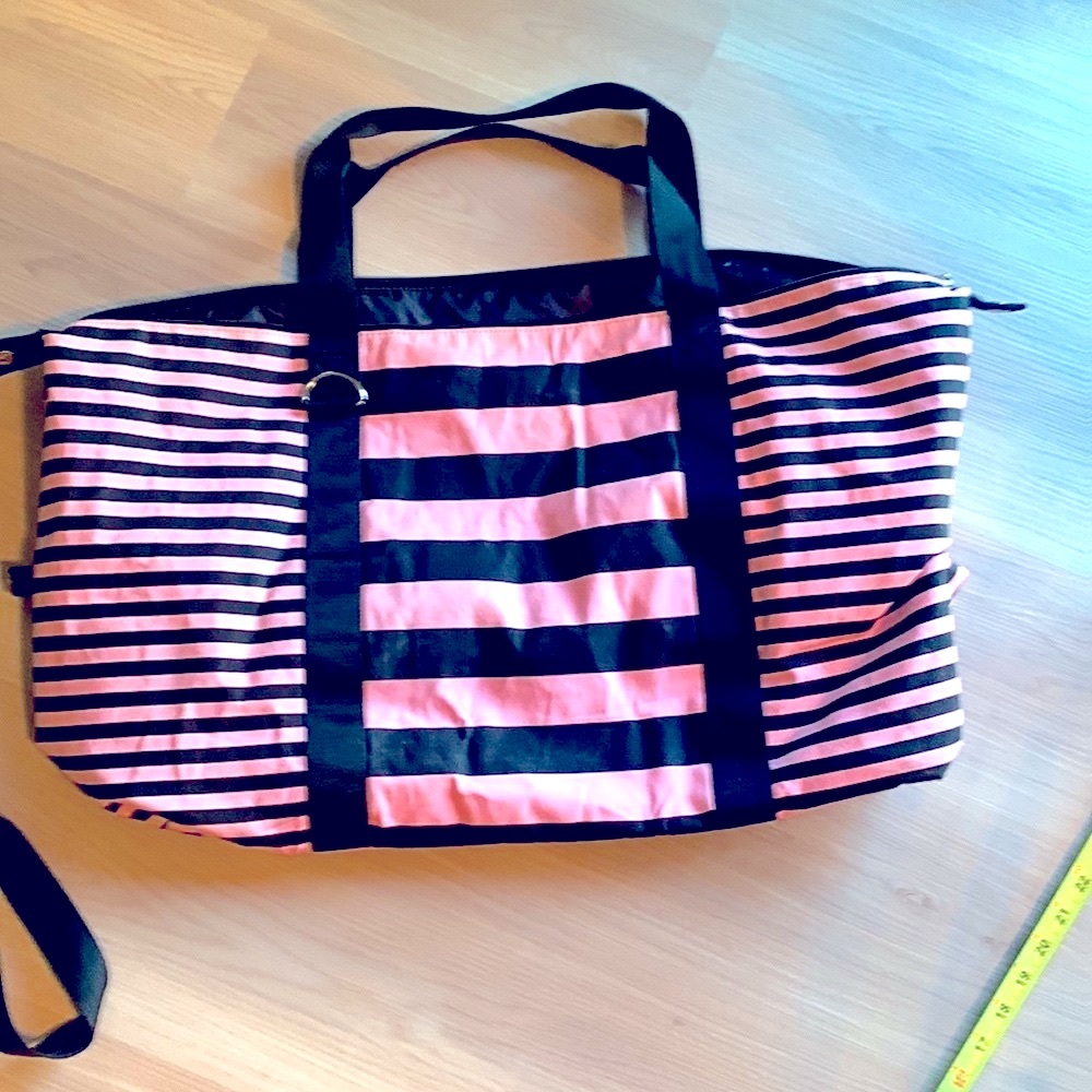 Victoria’s Secret Duffel Bag Pink Black NWT Gym Travel Overnight Striped